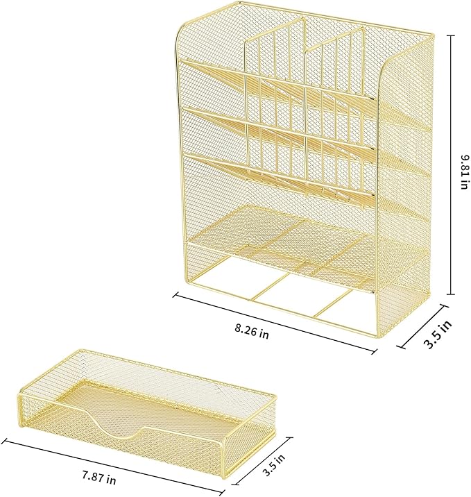 Spacrea Mesh Pen Organizer - Pencil Holder for Desk, Desk Organizer with Drawer for School, Home, Art Supplies (Gold)