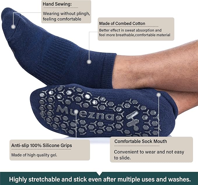 Muezna Men's Non-Slip Yoga Socks, Anti-Skid Pilates, Barre, Bikram Fitness Hospital Slipper Socks with Grips