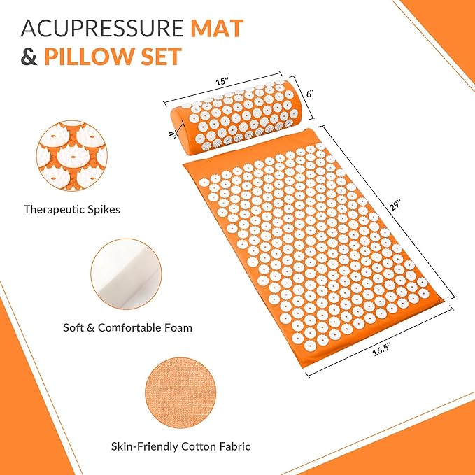 Fitvids Acupressure Mat and Pillow Set for Back/Neck Pain, Acupuncture Products to Relieve Muscle Fatigue, Improve Insomnia for Sedentary People, Acupuncture Eases Stress, Massage Mat, Orange