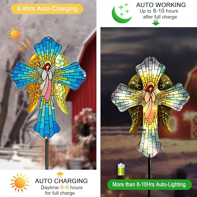 Solar Cross Garden Stake Lights for Outdoor Garden,Cemetery,and Yard Decor,Angel Wings Cross Solar Christmas Lights Outdoor,Memorial Gifts Angel