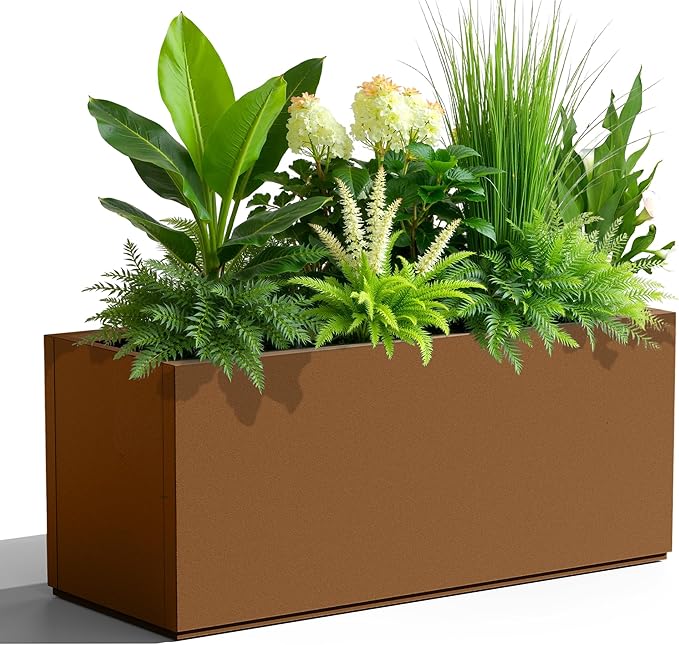 Tall Metal Planter, 15" W×16.3" H Large Rectangular Planter Box for Outdoor or Indoor, All-Weather Durable Plant Box with Drainage Holes & Removable Shelf for Patio, Porch, Garden, Trees, Flowers