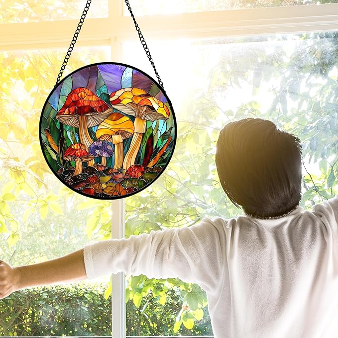 Stained Glass Window Hanging, Jungle Mushrooms Sun Catchers Diamond Glass Panel Hangings Plant Suncatcher Decor for Birthday for Women, Men, Wife, Aunt, and Mom 9.8 in