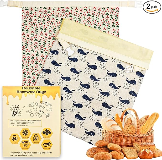 Reusable Beeswax Bread Bags for Homemade Sourdough: XL 13x17in (2 Pack) Eco-Friendly Plastic-free Food Storage | Moisture Lock Technology, Sustainable Fresh Food Preservation Solution
