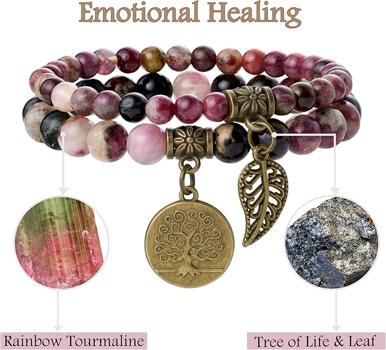 Bivei Natural Semi Precious Gemstone beads bracelet for women - Life Tree and Leaf Charm Energy Reiki Crystal Stretch Bracelets