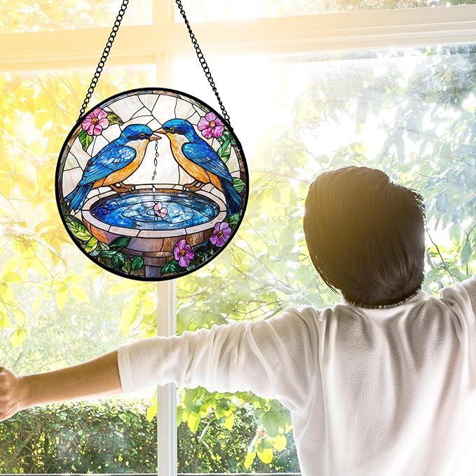 Stained Glass Window Hanging, 2 Blue Birds Suncatcher Diamond Glass Panel Hangings Bird Lover Sun Catchers Decor for Birthday for Women, Men, Wife, Aunt, and Mom 7.8 in