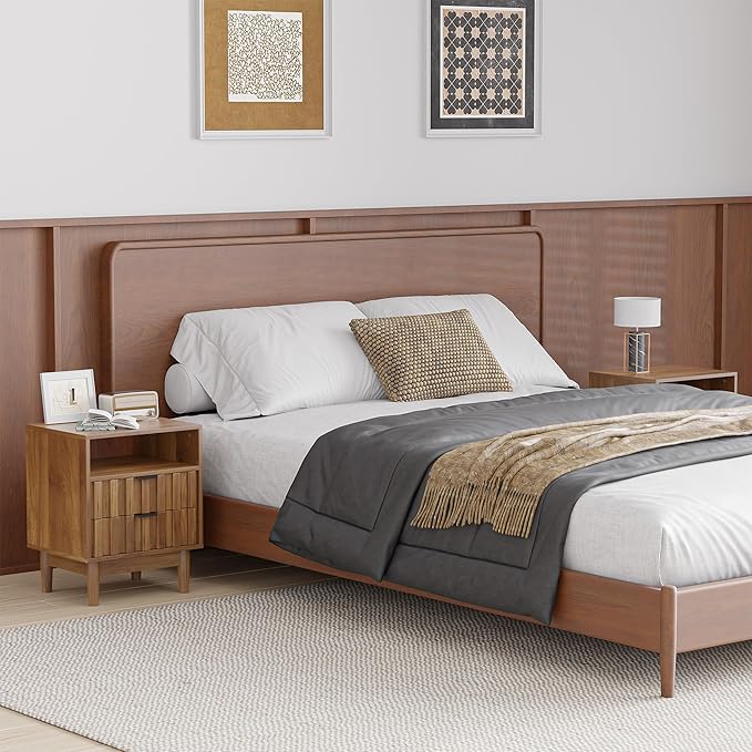 Fluted Nightstand Set of 2 with 2 Drawers, 19" Wide Night Stand with Solid Wood Legs, Open Storage Shelf, Mid Century Modern Wooden Bedside Table for Bedroom, Bed End Side Table, Walnut