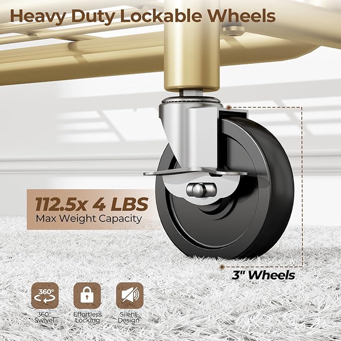 Heavy Duty Clothes Rack Load 450 LBS, Metal Garment Rack, Standing Rolling Clothing Rack for Hanging Clothes with Sturdy Wheels & Shelves, Portable Closet Wardrobe Rack,Gold