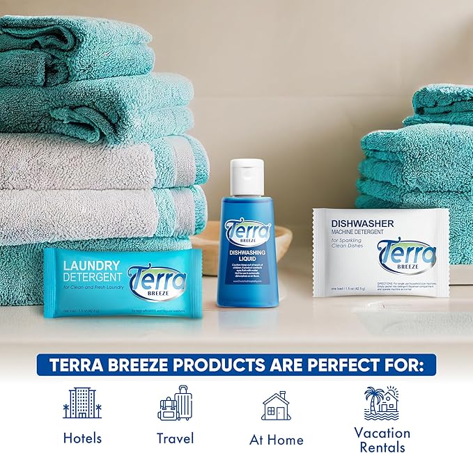 Travel Laundry Detergent & Dish Soap | Terra Breeze 1-Shoppe Amenities Kit | Dish Soap, Laundry Soap | 180 Pieces