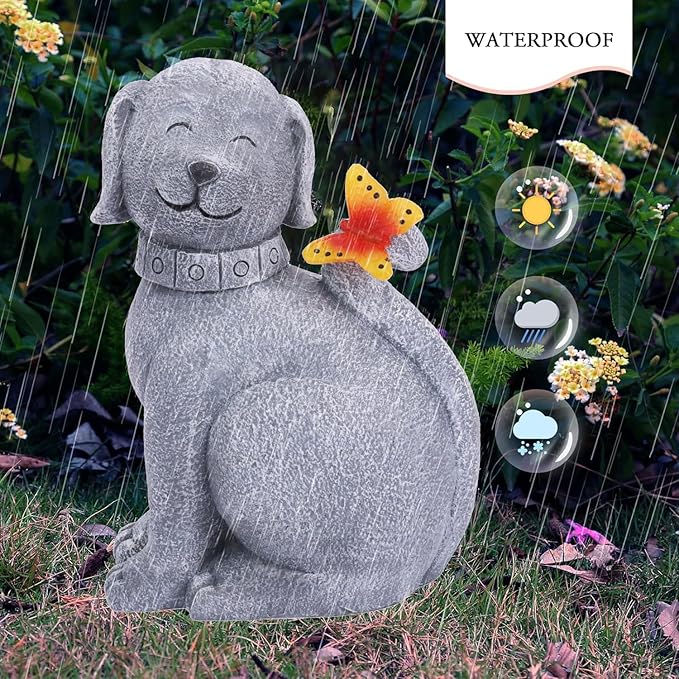 Solar Garden Statue Dog Figurine- Garden Art with Butterfly Light, Art Dog Sculpture for Patio,Balcony,Yard, Lawn-Unique Housewarming Gift for Mom Grandma