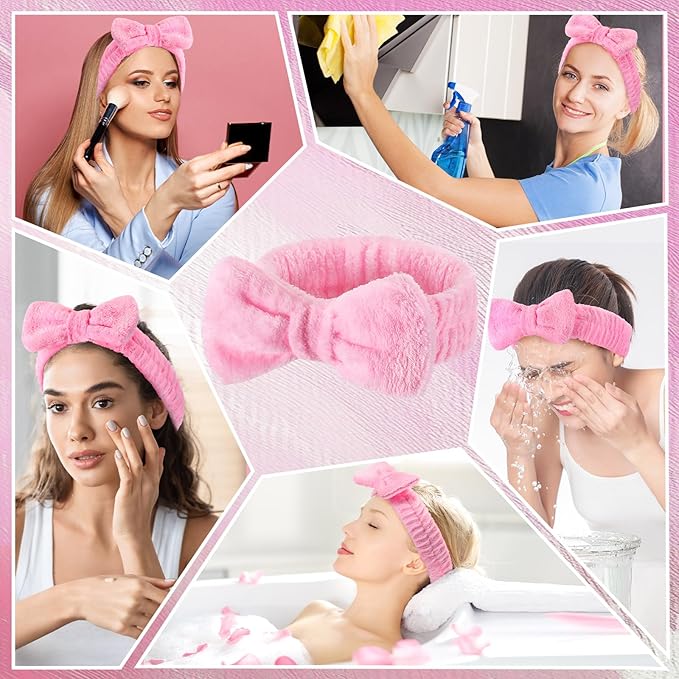 50 Pcs Pink Spa Headband Bulk Spa Sleepover Party Supplies for Washing Face with Removable Bow Makeup Elastic Bowknot Headbands for Women Gifts Soft Skincare Microfiber Hairbands(Pink Style)