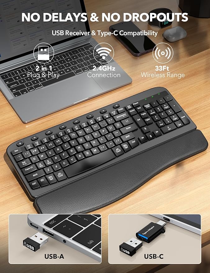 SABLUTE Wireless Keyboard, Ergonomic Wave Keyboards with Cushioned Wrist Rest, 2.4GHz USB Computer Wave Key Board for Windows, Mac, Chrome, PC, Laptop, Tablet - Black Full Size - Teclado Inalámbrico