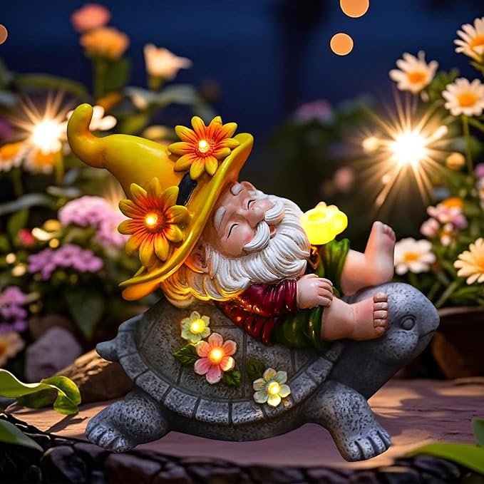 Garden Gnomes Outdoor Decor: Funny Sunflower Gnome Sitting on Turtle with Solar Lights Outside Decoration for Lawn Yard Patio Garden Gifts for Women