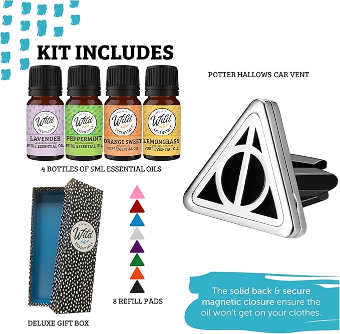 Wild Essentials Potter Hallows Essential Oil Car Vent Diffuser Kit with Lavender, Lemongrass, Peppermint, Orange Oils, Stainless Steel Locket Pendant, 8 Refill Pads, Color Changing Air Freshener