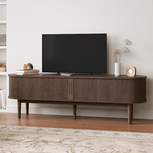 LINSY HOME 70" Fluted TV Stand for TVs up to 80 Inch, Mid Century Modern Entertainment Center with Storage Cabinet and Sliding Doors, Farmhouse Wood Media TV Console for Living Room, Bedroom, Walnut
