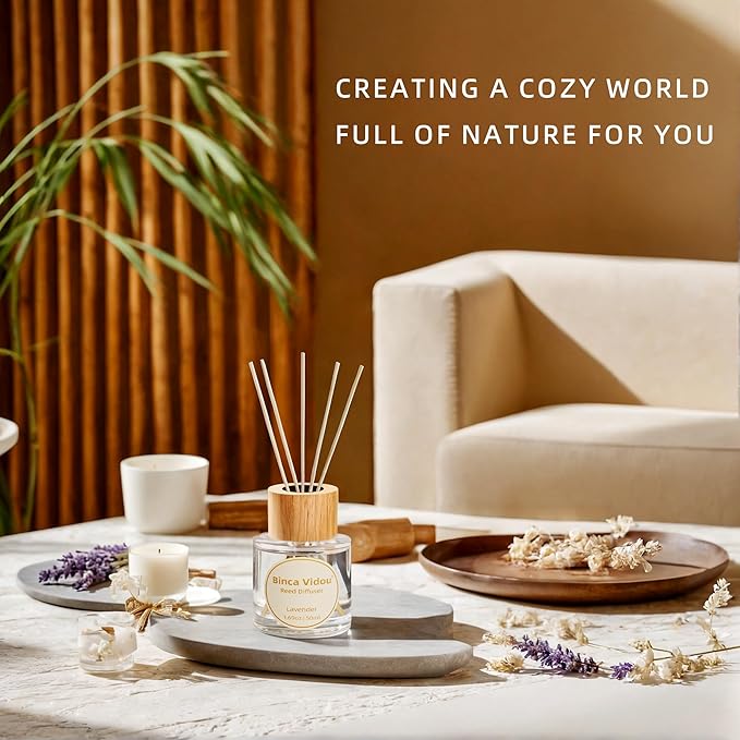 Reed Diffuser Set, Binca Vidou Lavender & Vanilla Natural Scent Oil Diffusers with Sticks for Home Office Bathroom Aromatherapy Decor 1.69oz x 2