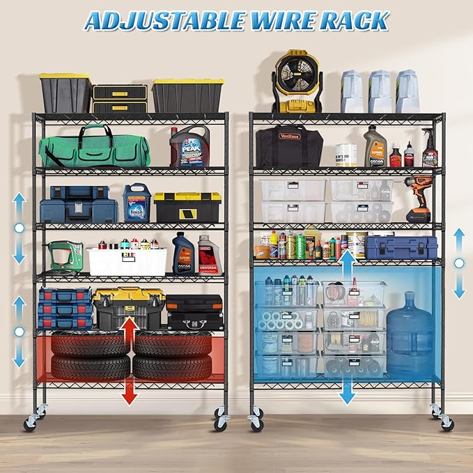 6-Tier Storage Shelves | 2100 LBS Capacity Garage Shelving | 48"×18"×82" Heavy Duty Metal Shelving Unit | Adjustable Wire Shelf on Wheels | Storage Rack for Garage Kitchen Pantry Basement, Black