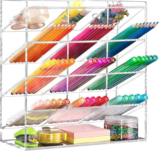 BEYGORM Acrylic Vertical Marker Organizer for 150 Markers with 13 Compartments, Clear Angled Pen & Pencil Holder, Large Desk Stationery & Art Supply Storage for Office & School (10.2 x 9.8 x 4 Inch)