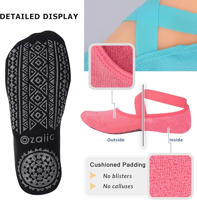 Ozaiic Yoga Socks for Women Non-Slip Grips & Straps, Ideal for Pilates, Pure Barre, Ballet, Dance, Barefoot Workout