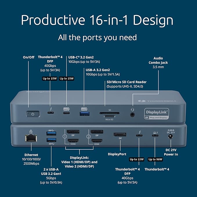 Kensington SD5900T DisplayLink Docking Station Thunderbolt 4, Quad 4K for MacBook Pro/Air M1/M2/M3/M4 with Pro and Max Chipsets, 100W PD, HDMI/DP/TB4, SD/Micro SD Card Slots - Midnight Blue (K35232NA)