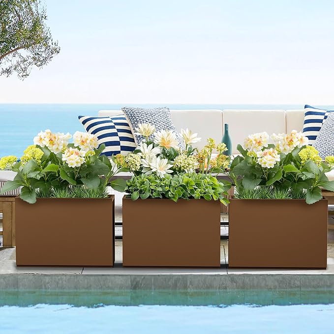 Metal Planter Boxes Outdoor Rectangular Planter 35" L x 9" W x 26" H, Large Planters for Plants with Drainage Holes, Brwon Rectangle Planters for All-Weather Use