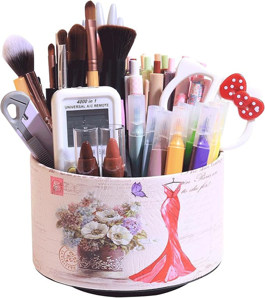 360° Rotate Desk Pen Organizer, Makeup Brush Holder Organizer, Makeup Organizers Countertop, TV Remote Control Holder,Leather Remote Caddy,Dual-Purpose Art Supply Pencil Cup (Red Dress)