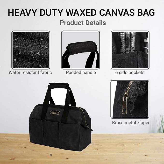 Heavy-Duty 16oz Waxed Canvas Tool Tote Bag - 15" Wide Mouth Open Top Organizer with 15 Pockets | Multi-Purpose Storage for Tools, Hardware & DIY Supplies (Black)
