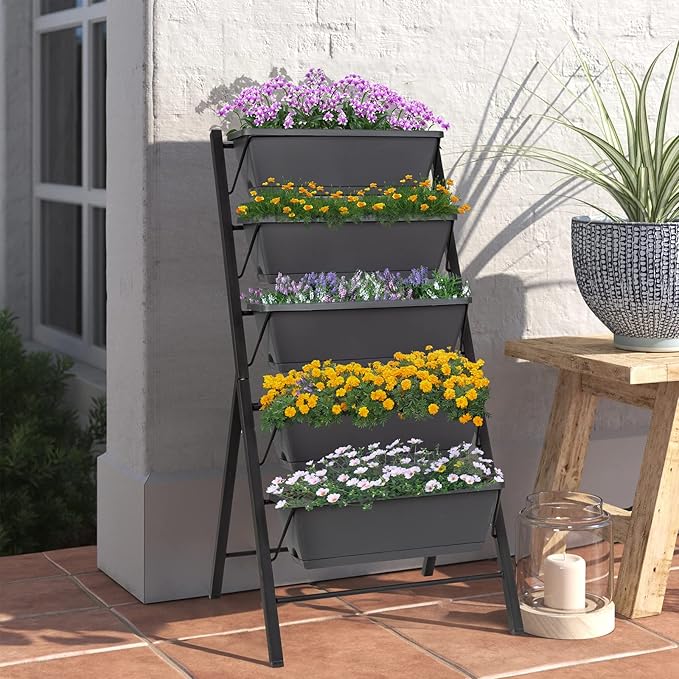 COSTWAY Vertical Raised Garden Bed, 5 Tier Planter Box with Drainage Holes for Vegetables, Grass, Flowers, Freestanding Garden Planter Indoor Outdoor, Patio, Balcony, Greenhouse