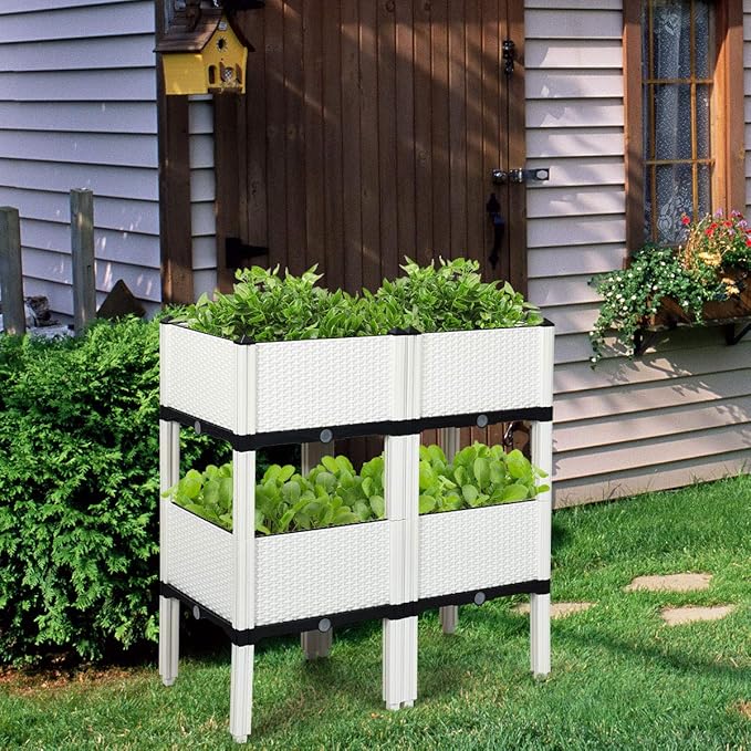 S AFSTAR Raised Garden Bed Kit Set of 4, Elevated Planter Boxes with Self-Watering Design & Removable Legs, Outdoor Plastic Planter Box for Patio Yard Balcony Gardening, Rattan Pattern (White)