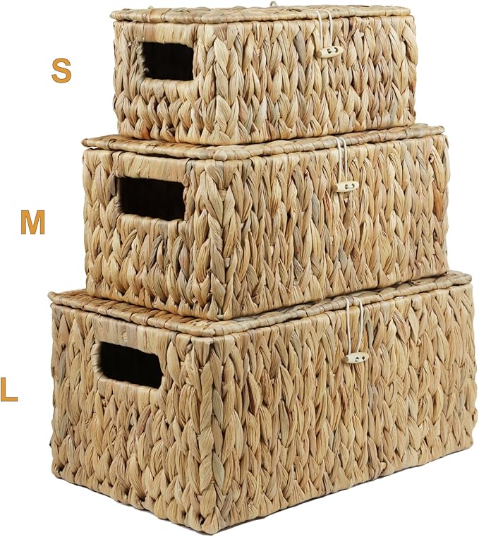 Small Wicker Basket with Lid, Natural Water Hyacinth Storage Baskets for Organizing, Rectangular Woven Basket for Storage, Decorative Boxes Bins with Lids and Built-in Handles (10.2" x 6.3" x 3.9")