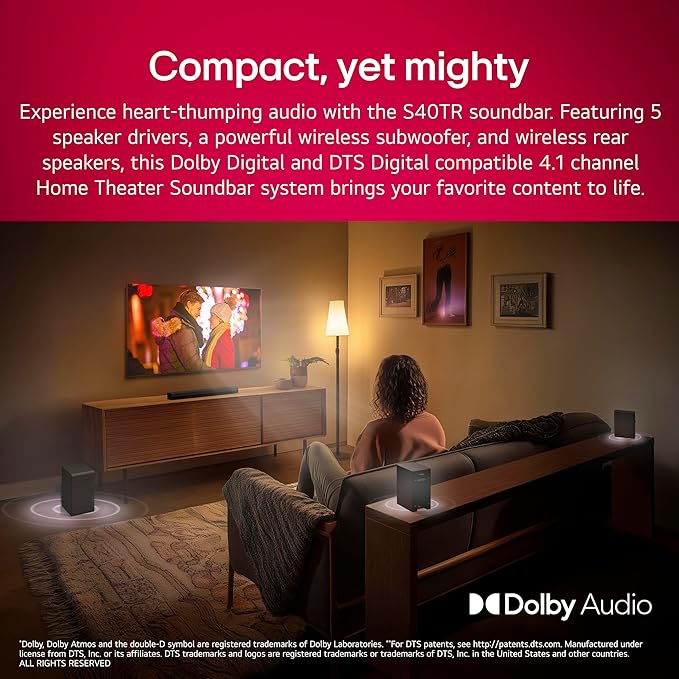 LG S40TR 4.1 ch. Home Theater Soundbar with Rear Surround Speakers and Wireless Subwoofer, Wow Interface, Dolby Audio, AI Sound Pro, 2024 Model, Amazon Exclusive