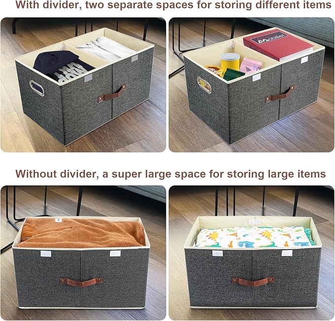 TYEERS Extra Large Collapsible Storage Bins with Lids and Compartments, Washable, Fabric Storage Boxes, 21.7x13x11.8 inches, 1 Pack, Black