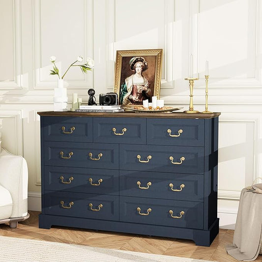 Farmhouse 9-Drawer Dresser, Rustic Wooden Chest of Drawers with Metal Handles, Wide Storage Dresser TV Stand for Bedroom, Living Room, Hallway, Dining Room (Navy Blue)