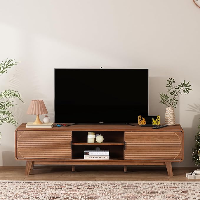 Mid Century Modern TV Stand for 55/60/65 Inch TV, 63" TV Console Table with Fluted Sliding Doors, Entertainment Center and Media Console Cabinet with Storage for Living Room (Walnut)