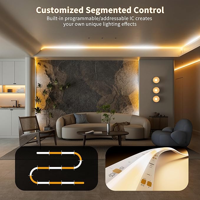 PAUTIX COB LED Strip Lights Addressable 2700K-6500K Chasing White Light CCT Smart IC Tunable Tape Lights 32.8ft Super Bright Dimmable,Alexa Voice Control,for Under Cabinet Bedroom Kitchen DIY Lighting