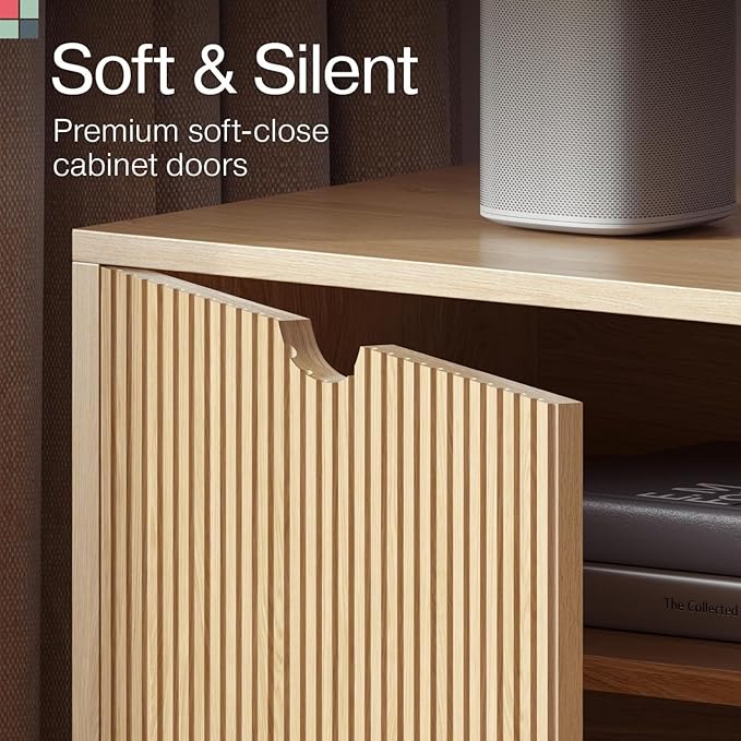 Contemporary Fluted TV Stand, 70 Inches TV Media Console, Supports 32 to 80" TVs, Media Console Cabinet for Living Room and Bedrooms, Soft-Close Cabinet Doors (Light Oak)