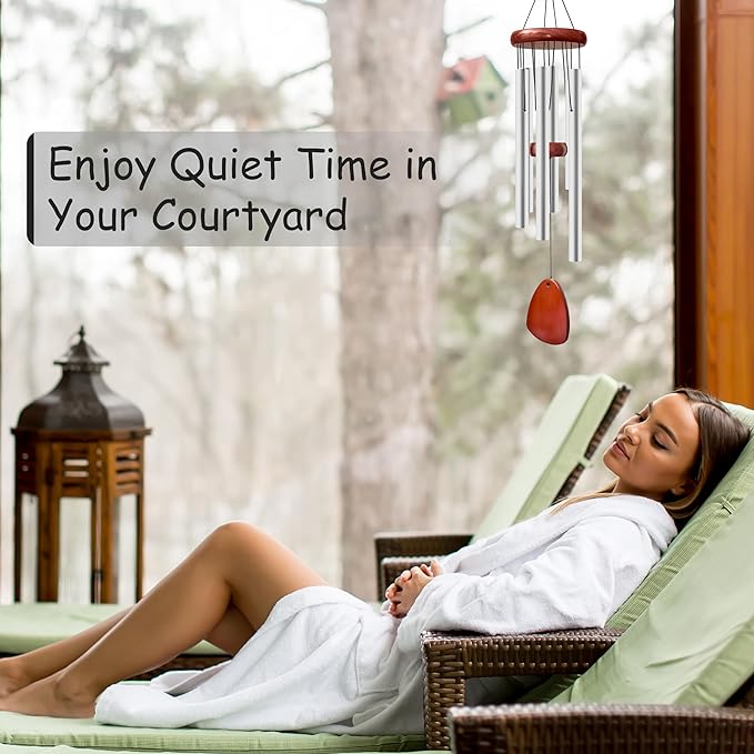 28" Wind Chimes for Outside. Deep Tone Lovely Wind Chimes with 6 Aluminum Tubes Courtyard Decoration. Windchimes Outdoor Create an Enjoyable Atmosphere & Give Mom a Gift(Silver)