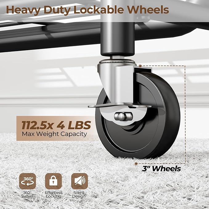 Heavy Duty Clothes Rack Load 450 LBS, Metal Garment Rack, Standing Rolling Clothing Rack for Hanging Clothes with Sturdy Wheels & Shelves, Portable Closet Wardrobe Rack,Black