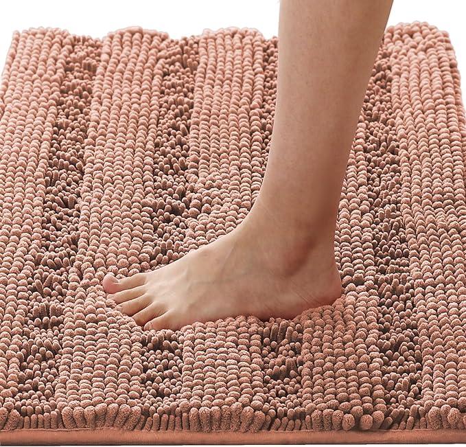 H.VERSAILTEX Bath Rugs for Bathroom Non Slip Bath Mats Extra Thick Chenille Striped Rug 20" x 32" Absorbent Non Skid Fluffy Soft Shaggy Washable Dry Fast Plush Mat for Indoor, Bath Room - Muted Clay