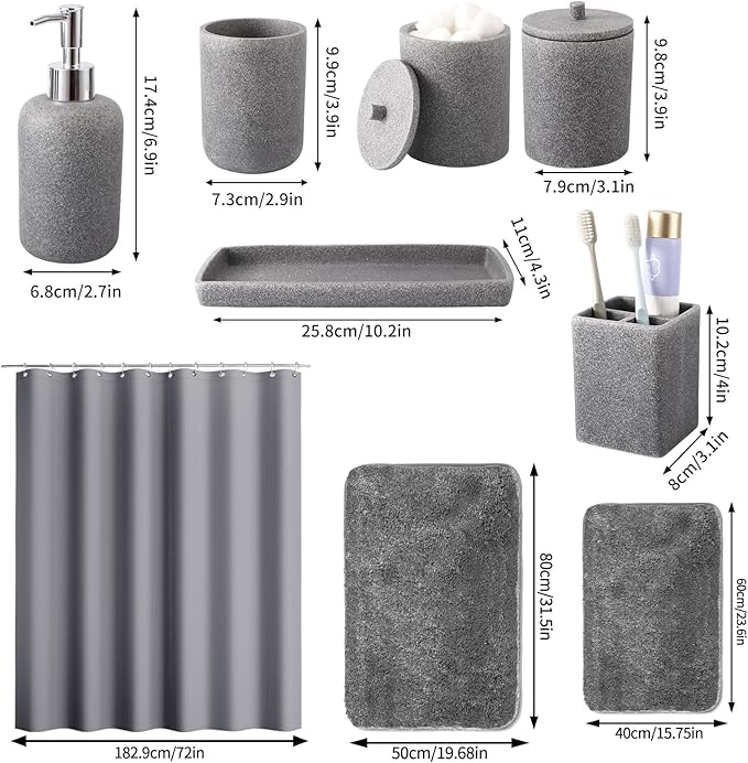 21 Pcs Bathroom Accessory Set with Waterproof Shower Curtain and Non Slip Mat,Resin Bath Set with Toothbrush Holder and Lotion Soap Dispenser,Bathroom Countertop Organizer Set for Home Apartment
