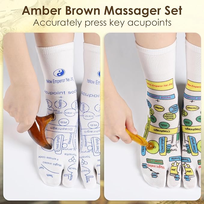 Reflexology Socks Set with Tools, 2 Pairs Chiro Acupressure Acupuncture Trigger Point Foot Pain Relief Remedy Acupoint Massage Birthday Gifts for Women