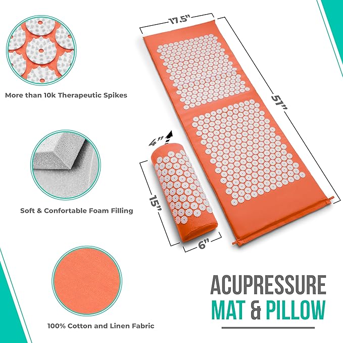 Sivan Health and Fitness Acupressure Mat and Pillow Set - Grounding Mat for Stress, Back & Neck Pain - Acupuncture Point Massage Mat for Muscle Relaxation, Sciatica, & Meditation - Includes Carry Bag