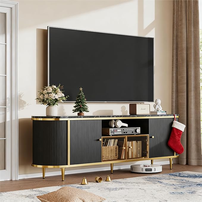 Luxury 70" Fluted TV Stand, Modern Entertainment Center for TVs Up to 80”, TV Console with Faux Marble Tabletop, Curved Profile Design, Media Console for Living Room, Black