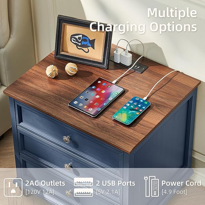 Farmhouse Nightstand Set of 2 with Charging Station, 24" Wide End Table with 3 Drawers,Dresser for Bedroom,Bed Side Table Chest of Drawers Cabinet,Wood Blue Night Stand for Living Room