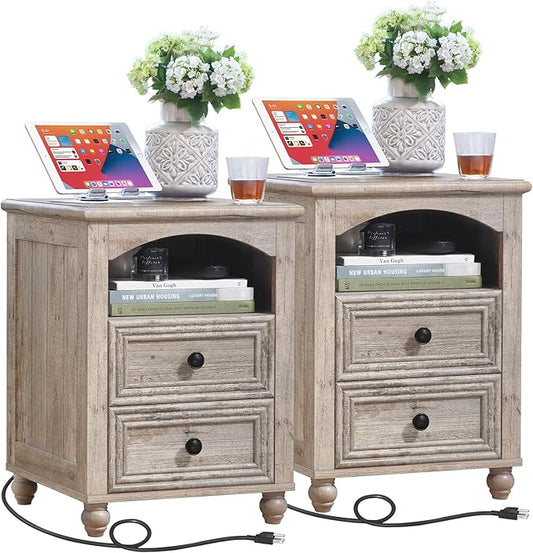 18" Farmhouse Night Stand Set of 2 with Charging Station, Gray Wood Nightstand with 2 Drawers, Bedside End Table with Shelf Storage, Bed Side Tables for Bedroom, Living Room, and Closet