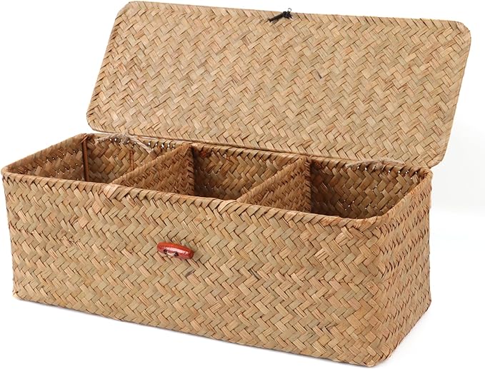 Wicker Shelf Baskets with Lid,Rectangular Seagrass Woven Storage Baskets with Dividers for Bathroom Organizer Small Bins Home Decor (Natural)