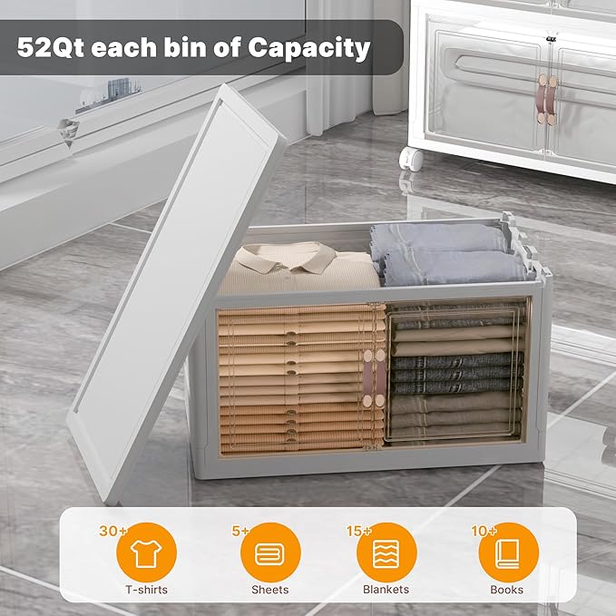 Extra Large Stackable Storage Bins with Lids & Wheels & Door, 312QT-52QT/13GAL*6Pack Foldable Collapsible Closet Organizers, Plastic containers Drawers for Bedroom Dorm