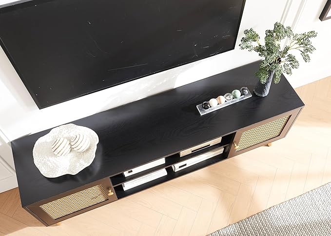 Black TV Stand for 75 inch TVs, 66" Mid Century Modern Media Console, Long Entertainment Center with Storage Cabinet for Living Room