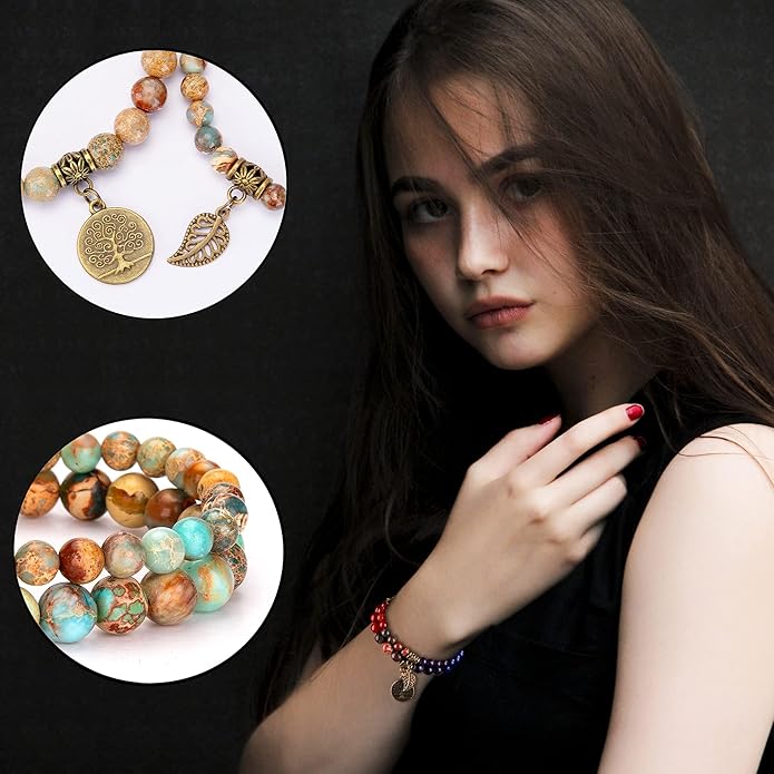 Bivei Natural Semi Precious Gemstone beads bracelet for women - Life Tree and Leaf Charm Energy Reiki Crystal Stretch Bracelets