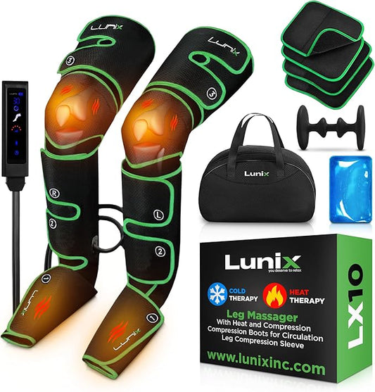 Lunix LX10 Foot, Calf, Leg Air Compression Massager Machine, Cordless and Rechargeable Thigh and Knee Boots Device with Heat for Circulation, Recovery, and Pain Relief, Green