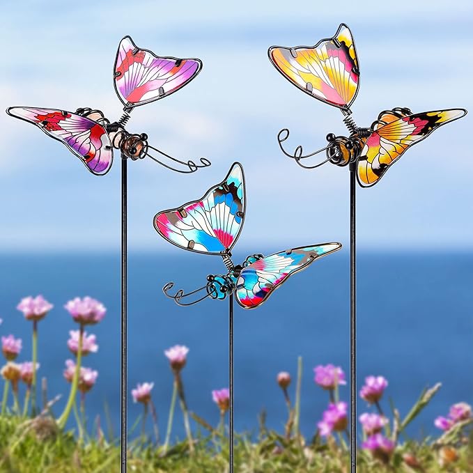 Juegoal Set of 3 Butterfly Garden Stake Decor, 20 Inch Colorful Butterflies Stakes, Glass & Metal Yard Art Ornaments for Mom, Mothers Day Ideal Gifts, Outdoor Lawn Pathway Patio Plant Pot, Flower Bed